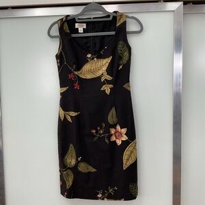Talbots Black and Gold Midi Dress Tropical Print